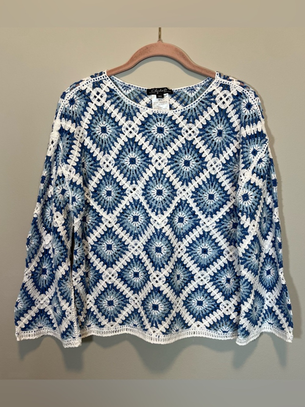 Charlie Women’s Blue White‎ Knit Crochet Sweater Coverup Top Medium/Large